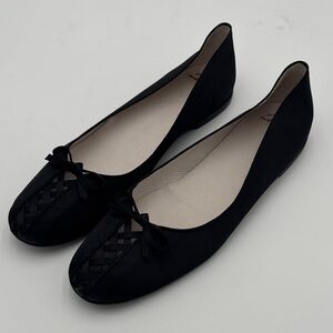 Delman Wrap-Sa Peau de Soie Black Silk Loafers w/ Bow and Lattice Accent
